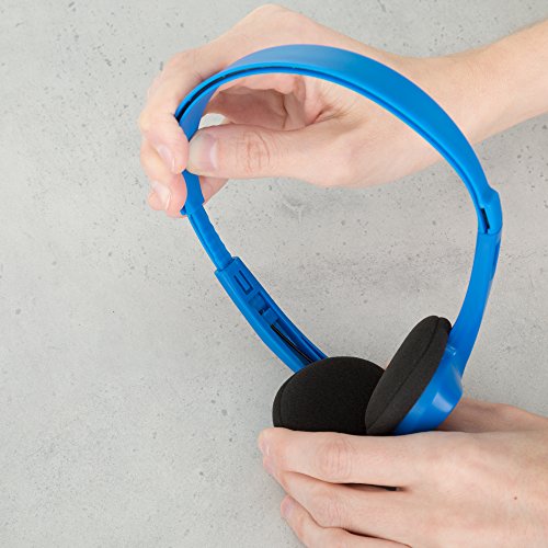 Image of Egghead Heavy-Duty Kids' Stereo Headphones with Ear Cushions and 4'3 inch Cord, Adjustable Tangle-Free Over-Ear Stereo School Headphones, Pack of 20, Blue