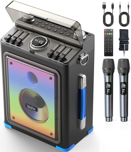 Image of Metfut Professional Karaoke Machine for adults with Bluetooth 5.3, 2 Wireless Mics, Portable Wooden Speaker PA System with Bass /Treble Adjustment for Backyard, Home Parties and Camping-Blue