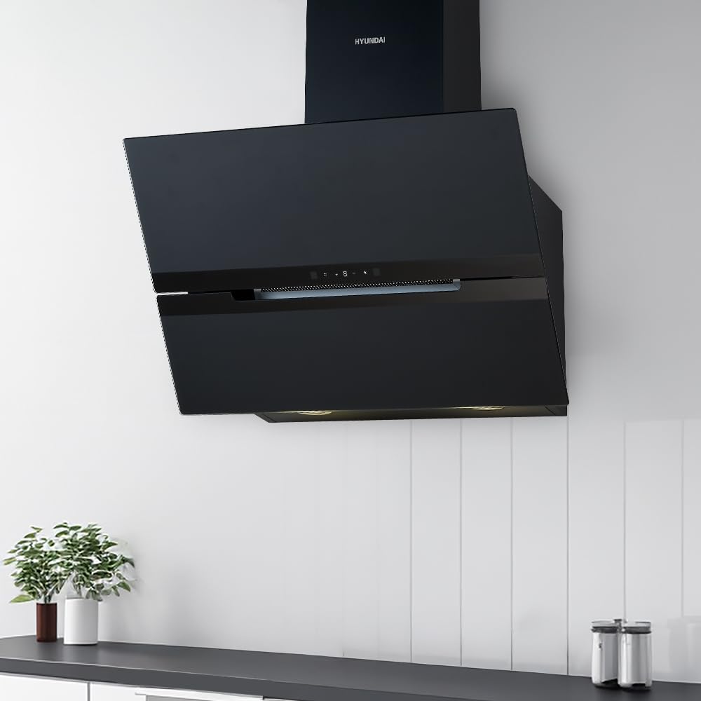 Hyundai Campana Extractora Decorativa Inclinada 70cm, Cristal negro, HCDE70DCB00. Potencia 831m3/h, 3 Velocidades, 2 Filtros, 64 dB Nivel Sonoro, Control Táctil, Filtros aptos para Lavavajillas