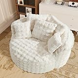 ONEMMLION 58' W Oversized Round Chaise Lounge Chair Indoor Boneless Faux Fur Plush Fluffy Circle Couch Soft Comfy Cozy Cloud Reading Chair with 5 Pillows for Living Room, Playroom, Bedroom - Beige