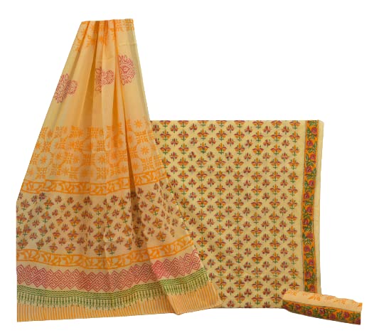 Image of NISHIRE Women's Cotton Jaipuri Hand Block Print Unstitched Suit Material with Cotton Mulmul Dupatta