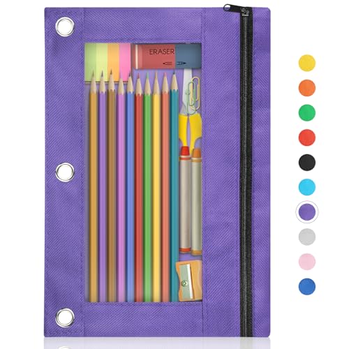 Image of Shemira Pencil Pouch for 3 Ring Binder, Binder Pencil Pouch with Smooth Zipper, Clear Window Pencil Case for Binder, Zipper Pencil Pouches, Big Capacity 3 Ring Binder Pencil Bag, Purple