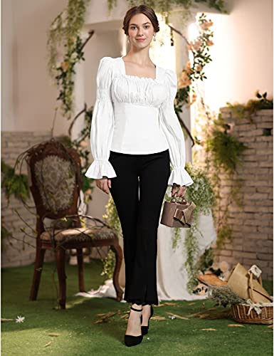 Women Peasant Blouse Long Puff Sleeve Ruffle Ruched Pirate Renaissance Corset Tops4