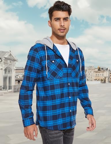 Image of MAGCOMSEN Men's Plaid Hooded Jacket Flannel Shirts Long Sleeve 4 Pockets Casual Button Down Shirts