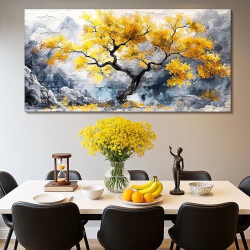 crmotu Gold Tree of Life Wall Art, Mountain Tree Extra Large Artwork, Modern Chinoiserie Landscape Paintings Prints, Neutral Wall Decorations for Living Room Bedroom Office Ready to Hang 30x60inch