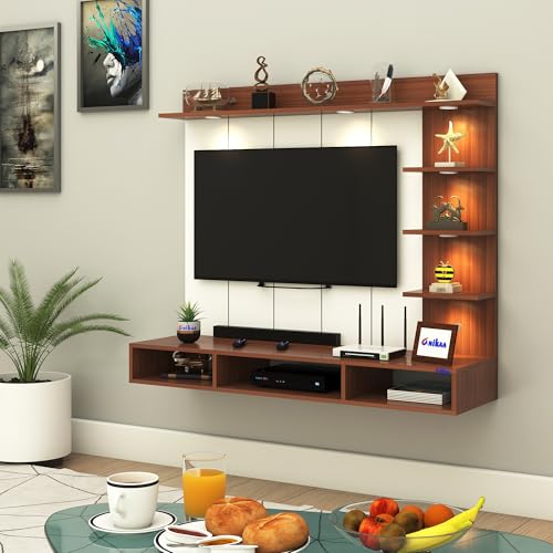 Image of Anikaa Tyron Engineered Wood Wall-Mount TV Unit with PVC Back Panel & LED Lights | TV Cabinet with Storage Box & Decorative Shelves (Walnut) | Ideal for TVs up to 43 Inch | DIY Installation