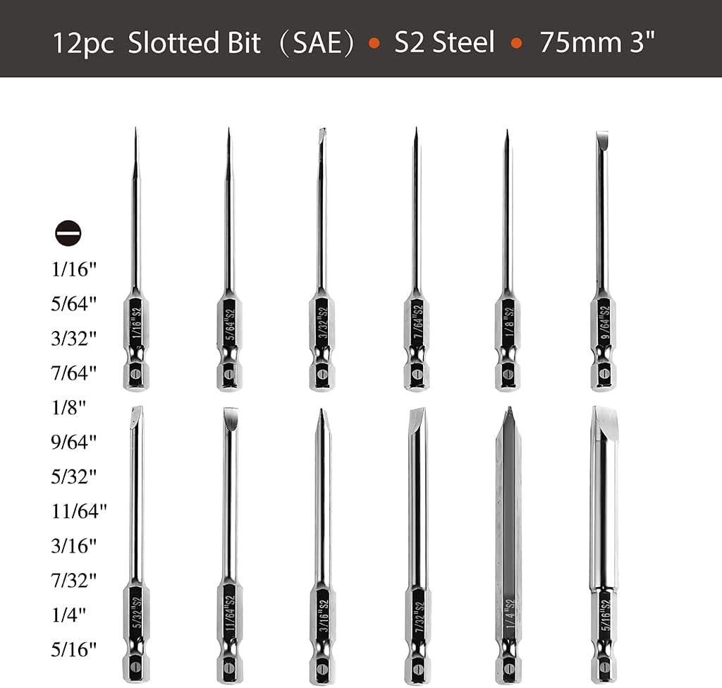 Dandeeler 12 Piece Flat Head Drill Bit Set Slotted Bits SAE 3" Long, S2 Steel, with Tool Bag