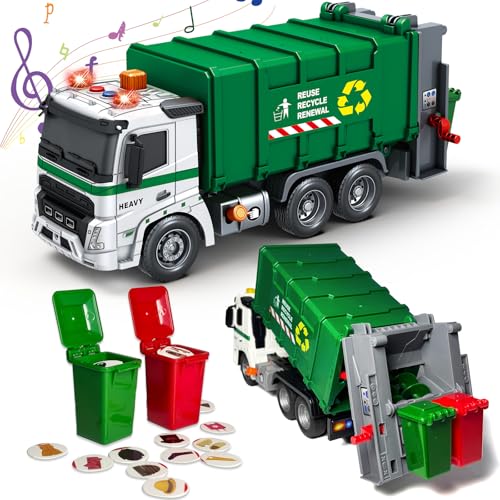Toy for 3 4 5 6 7 Years Old Boy, Garbage Truck Toys for Kids, Friction Powered Garbage Truck with Sound and Light, Trash Bins, Learning Cards, Birthday for Boys Girls