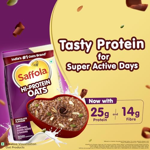 Image of Saffola 25g High Protein Oats | 14g High Fibre | 400g | Chocolate flavour | No Refined Sugar | With Almonds, Raisin, Pumpkin and Chia Seeds | Rolled Oats for Weight management & Muscle gain