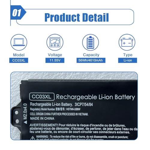 Image of 56Wh CC03XL Laptop Battery Replace for HP EliteBook 850 855 G7 G8 ZBook Firefly 15 G7 15 G8 Series Notebook L77622-2C1 L77622-541 L77991-005 HSTNN-DB90 HSTNN-UB8W 11.55V