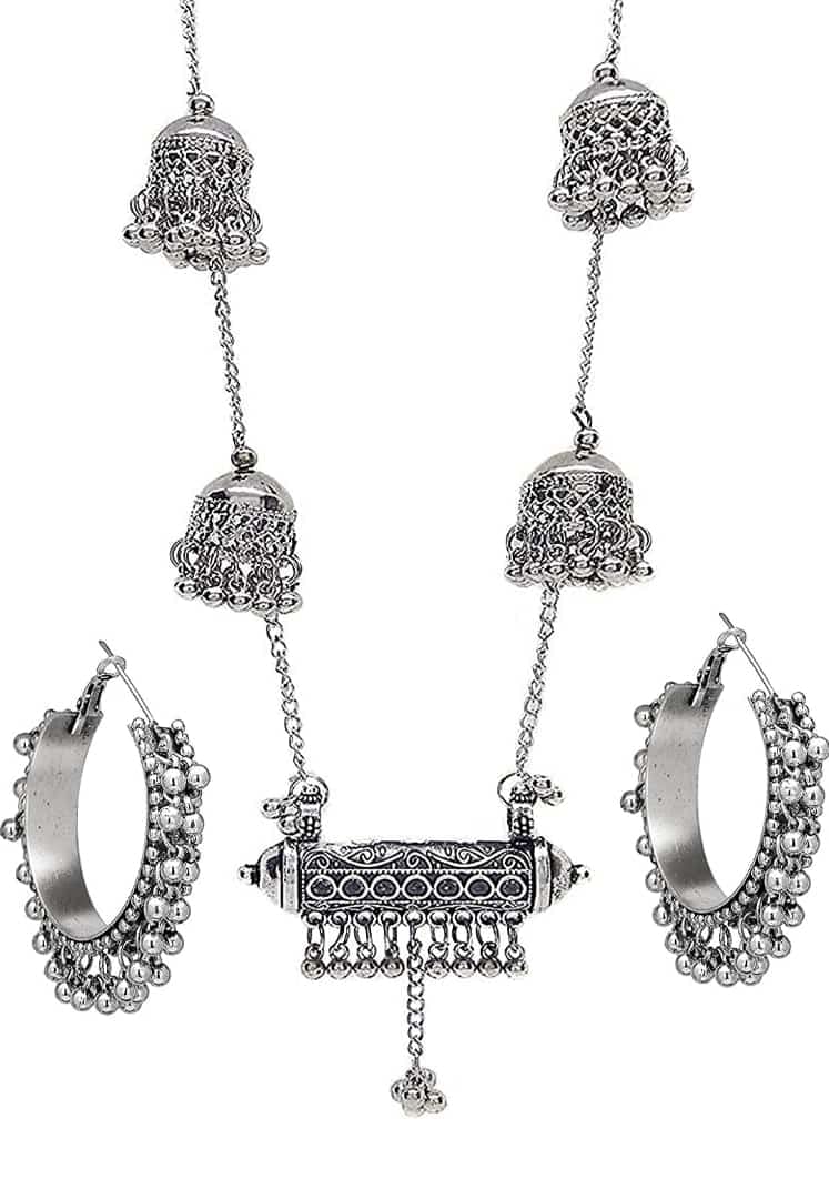 Just In Jewellery Oxidized Silver Antique Long Jhumki Pendent ChainGhunghroo Beads Necklace With Hoop Earings Jewellery Set For Girls & Women (B0BWNJQ84C) Amazon Price History, Amazon Price Tracker