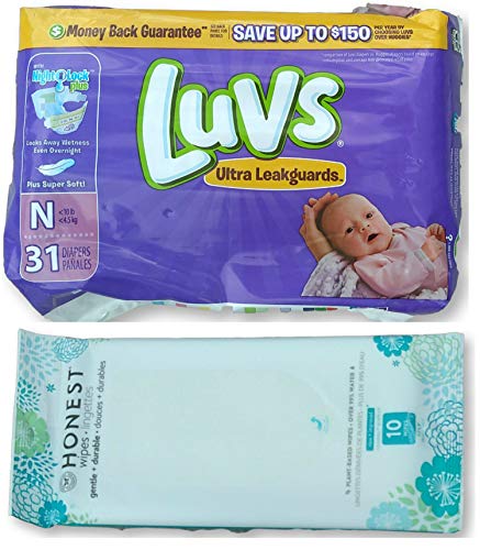Luvs (Size N - Less Than 10 lbs) (31ct) Bundle with Honest Baby Wipes (10ct) Travel Pack