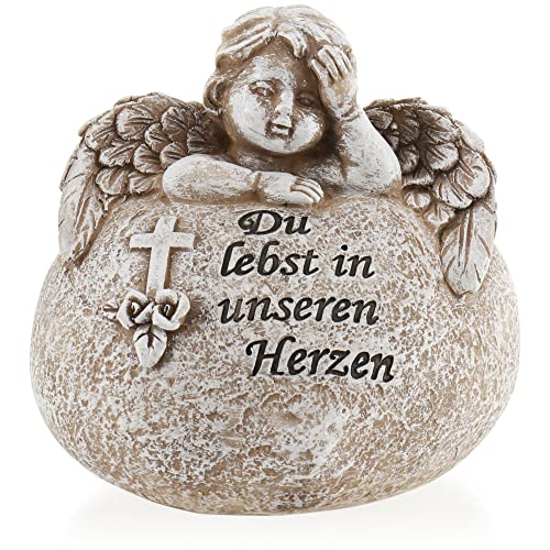 com-four® grave decoration in heart shape with angel, memorial stone with inscription, cross and roses