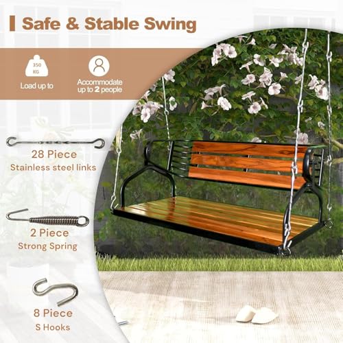 Image of Kaushalendra Hanging Swing for Indoor Outdoor Balcony, 122 cm Stainless Steel & Teak Wood, 350kg Capacity, Pre Assembled, Black Powder Coated, Includes Springs & Hooks