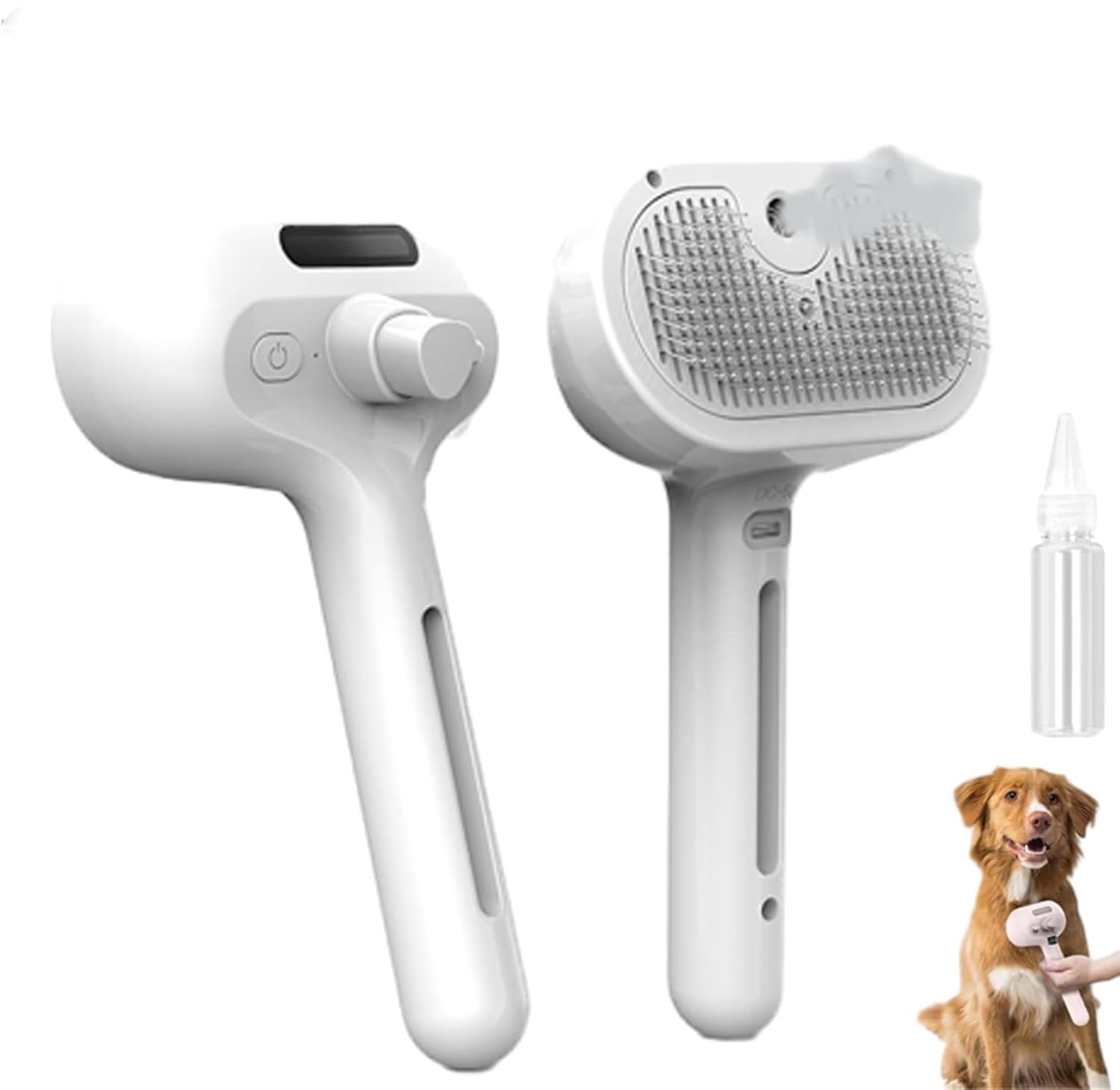 Mist Massage Dog Brush, Mist Massage Brush for Dogs, Charm Steam Comb, Spray Hair Removal Comb with Water Tank and Release Button (White with Bottle)