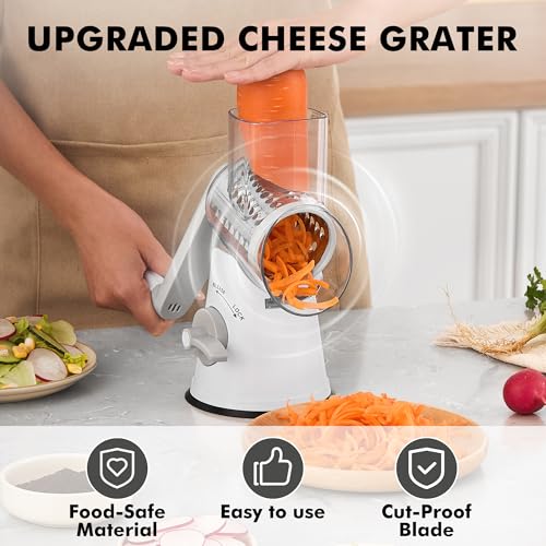 Image of GDL Cheese Grater Hand Crank - Upgraded 6-in-1 Cheese Grater with Handle and Strong Suction Base, Multi-purpose Cheese Shredder Vegetable Slicer Ice Shaver for Potato, Vegetables, Nuts, Chocolate