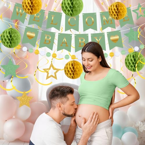 Image of WinnerWhy 25 Pcs Baby Shower Sage Green Decoration, Neutral Green Welcome Baby Banner with Glitter Stars, Hanging Swirls, Honeycomb Balls, Circle Dots Decorations for Gender Neutral Reveal Party Decor