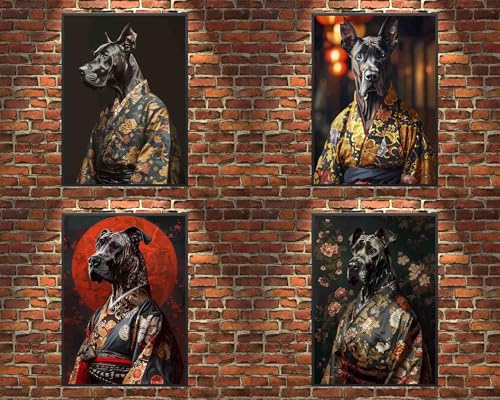 Affiches réalistes Dogue allemand samouraï ARA STEP | Lot de 4 posters sans cadre 21x29,7 cm