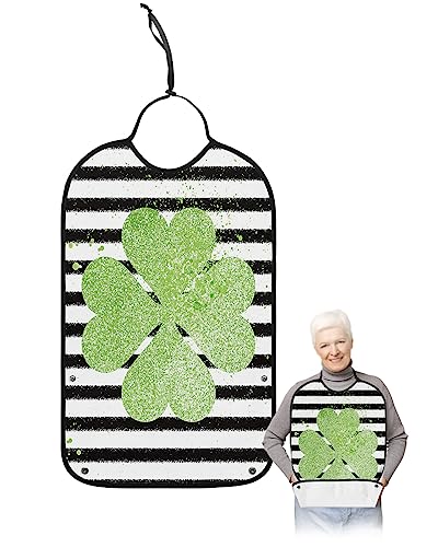 St. Patrick's Day Adult Bibs for Eating, Waterproof Bibs with Food Catcher & Adjustable Snap Closure, White Black Stripes Green Lucky Four Leaf Clover Clothing Protectors Adult Bibs for Elderly