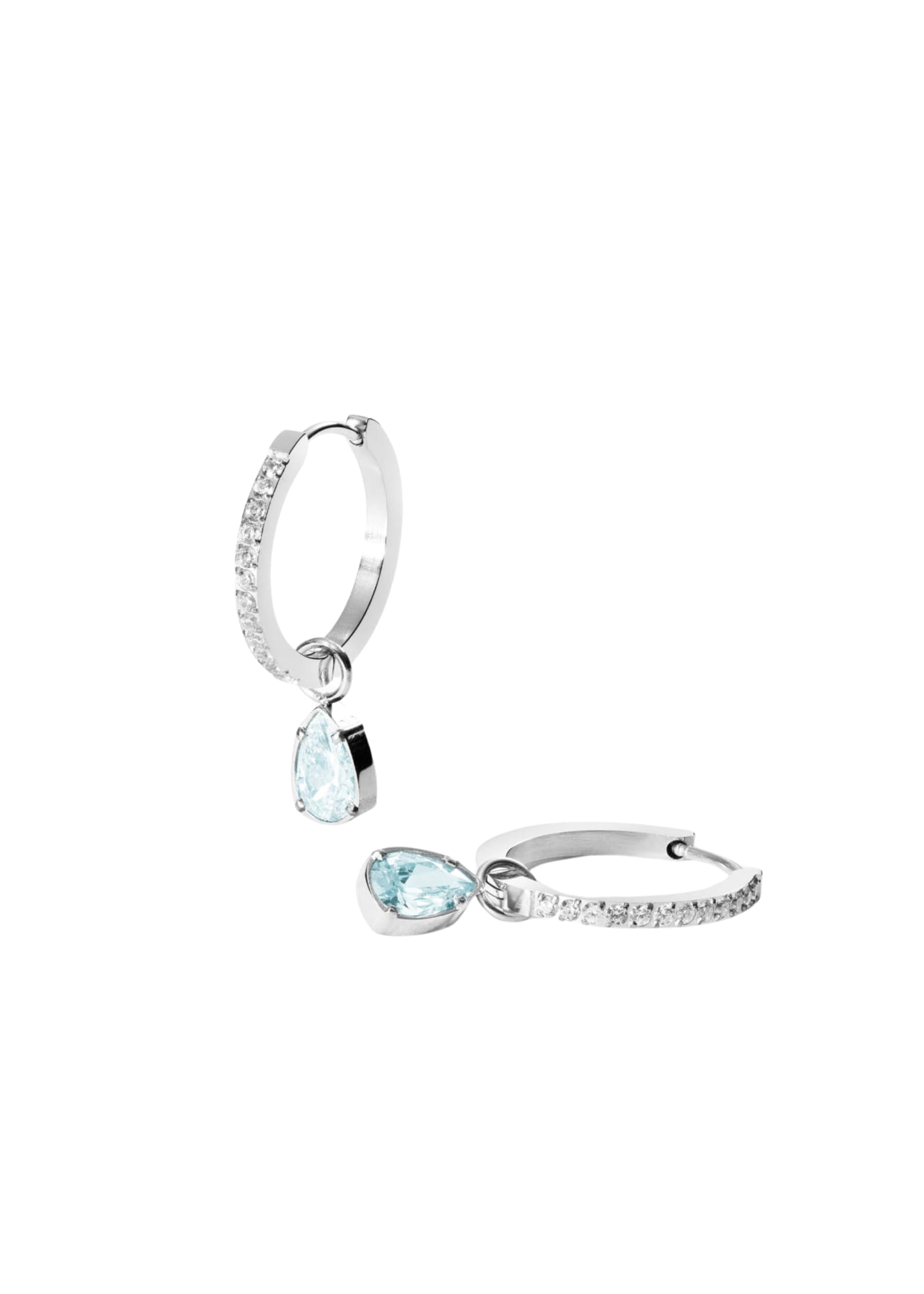 Purelei Felice Bluemarine - Pendientes de aro con circonitas blancas y colgante de aguamarina, acero inoxidable chapado en oro de 14 K, elegante acento de color con ligereza marítima