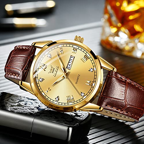 Image of OLEVS Brown Mens Leather Watch Dress Casual Day Date Quartz Wrist Watch