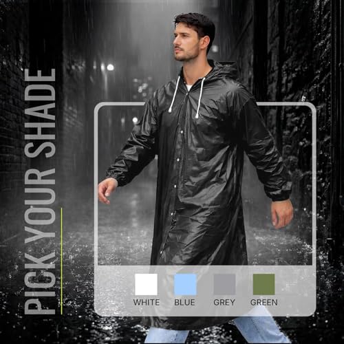 Image of EVA Reusable Raincoat with Hood (Black) - Pack of 1 | Elasticated Full Sleeves Outdoor Waterproof Raincoat for Men & Women | Rainwear | Button Closure | Knee Length | Universal Fit