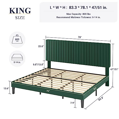 Image of Allewie King Bed Frame, Velvet Upholstered Platform Bed with Adjustable Vertical Channel Tufted Headboard, Mattress Foundation with Strong Wooden Slats, Box Spring Optional, Easy Assembly, Green