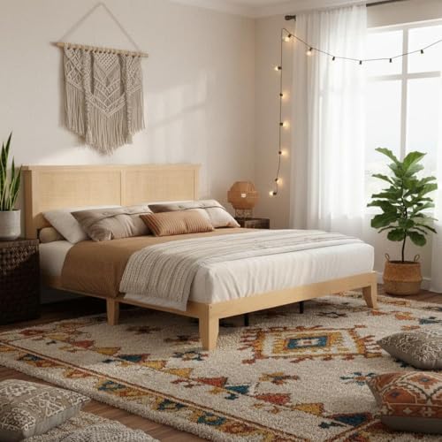 Garvee Full Size Rattan Bed Frame Bohemian Rattan Bed Frame Full with Natural Headboard LED Lights No Box Spring Needed