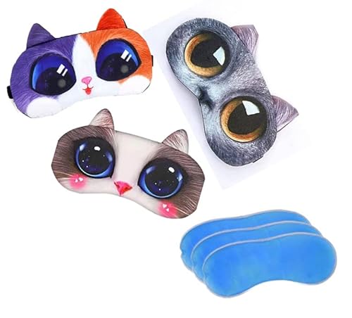 BE 3 Pack Dog Cat Sleep Mask with Gel Mask Cold Warm Compress Cute Funny Blindfold Eye Cover Kids Women Men Gift (Cats)
