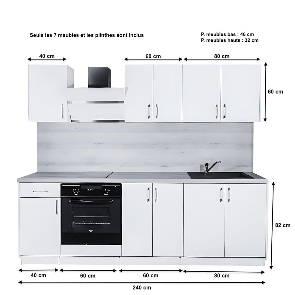 Cuisineandcie - Rangement Cuisine Equipee Complete ECO Blanc Brillant 240 cm - Set de 7 Meubles