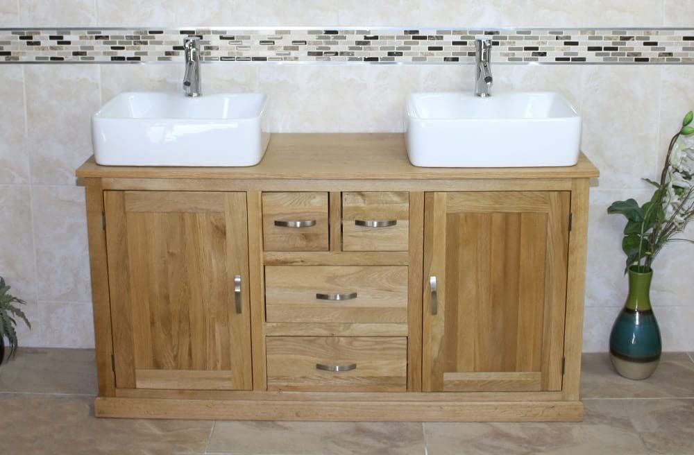 Wooden Bathroom Vanity Unit with 2 Ceramic Basins - Modern Bathroom Sink Cabinet with Drawers - Double Vanity Unit with Chromed Mixer Taps - Natural Oak - Tap Mounted Rectangle Bowl (603CB021A2)