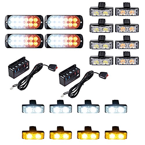 4pcs Amber/White Super Thin 12-LED Strobe Light Bar + 16pcs (8 White + 8 Amber) 2-LED Flashing Grille Light Kit Emergency Warning Hazard Construction Car Truck SUV Van