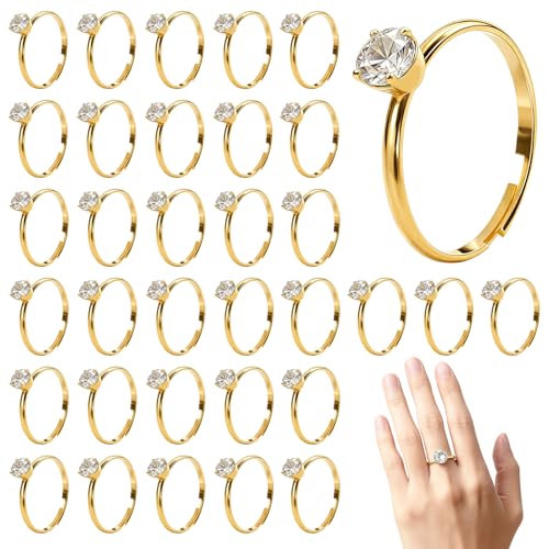 LUSTRIB 42 Pcs Golden Fake Diamond Ring, Adjustable Metal Bridal Shower Ring Game, Fake Rings for...