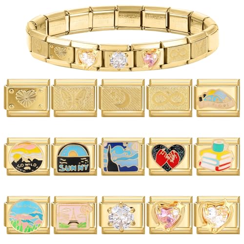 papasgix Custom Italian Charm Bracelet Charms Gold Set 10 Personalized Charm Brascelets 9mm Assorted Italian Charms Bracelet Links Handmade DIY Jewelry Butterfly Diamond2