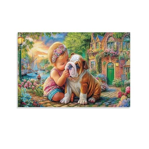 CPLVKWRQJ Beso lluvioso Soltero Bebé y Bulldog Village Path Arte En Lienzo Regalo De Calentamiento De Casa Arte En Lienzo Individual Sala De Estar Pared De Galería 20x30inch(50x75cm)