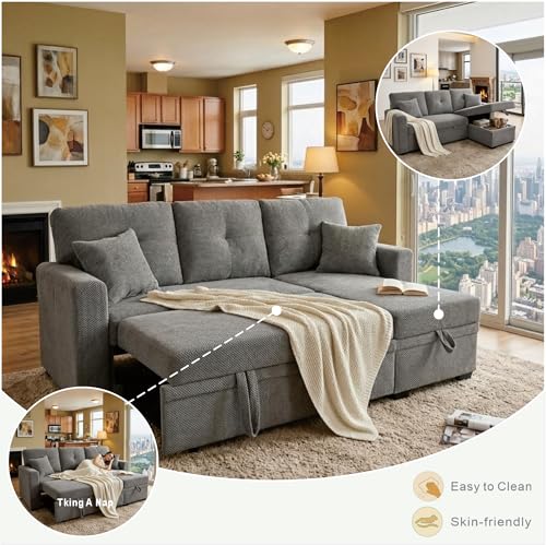 Image of KEIKI 71 inch Sleeper L Shaped Sofa with Pull Out Bed, Sleeper Sofa with Reversible Chaise, 3 Seater Modular Sectional Sofa with Storage for Living Room, Light Gray