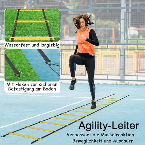 Suusolny Fußball Trainingsset Fussball Trainingszubehör Kinder Fußball Kick Trainer Enthält 6m Koordinationsleiter, 6 verstellbare Hürden, 12 Kegel, Schleppfallschirm & Aufbewahrungstasche