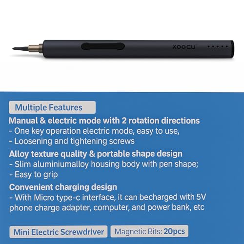 Image of K02 Professional Electric Screwdriver Set with 20 Magnetic Bits, Dual Mode Manual and Electric, Type-C, Metal Gearbox, Bi-directional Rotation, 90 Degree Rotational Screwdiver