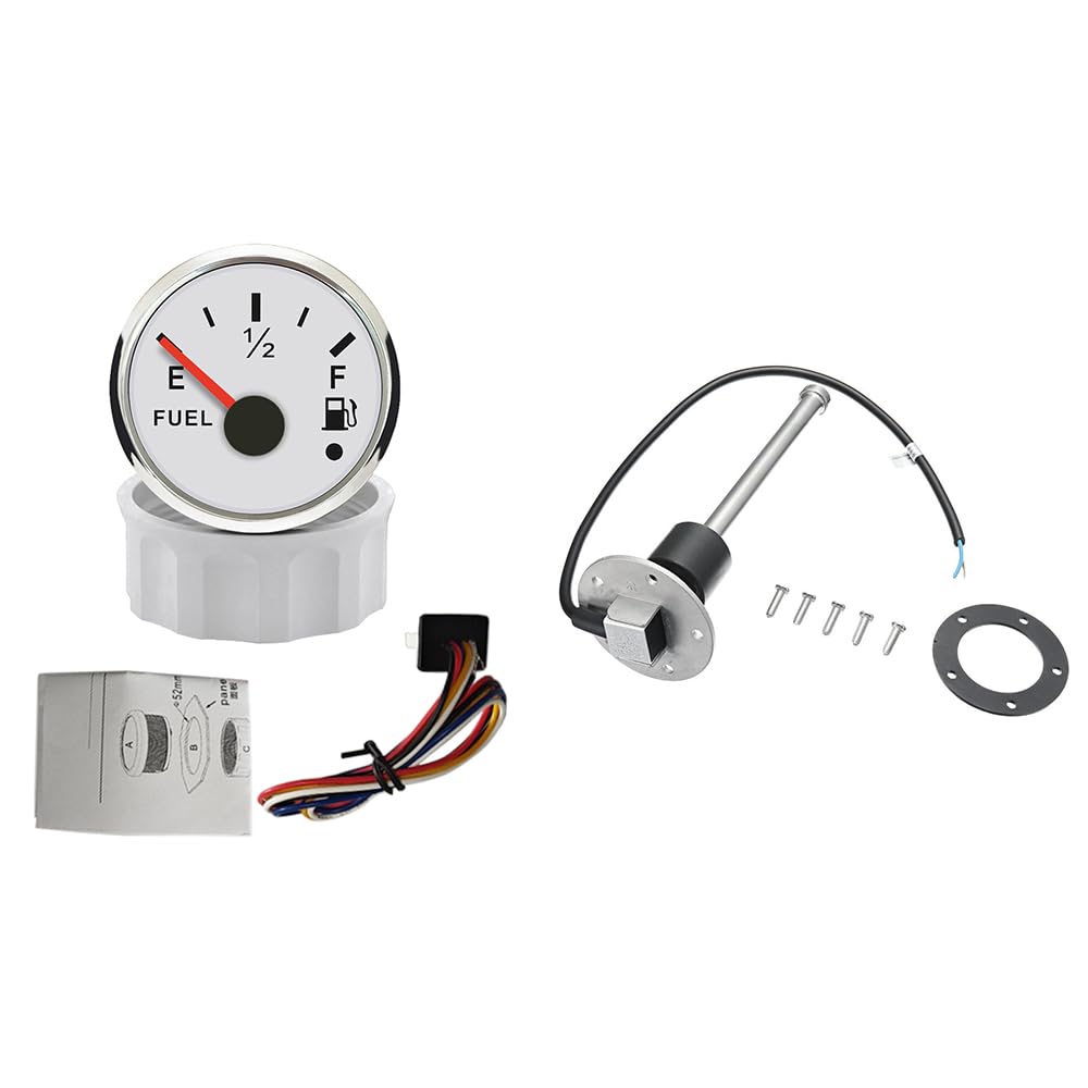 ELING Indicador de nivel de combustible de 52 mm 0 – 190 ohmios con retroiluminación roja de 12 V 24 V con 380 mm de nivel de combustible, sensor para coche y camión