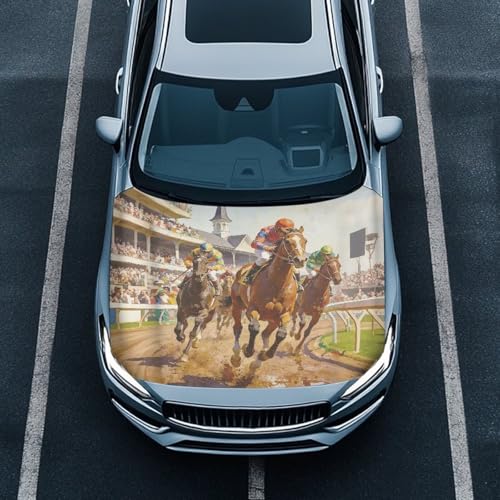 Image of Hood Cover for Compact Sedan SUV Trucks, 59x39 inches Stretchable Car Hood Wrap Blankets, Horse Racing Waterproof Automotive Exterior Accessories