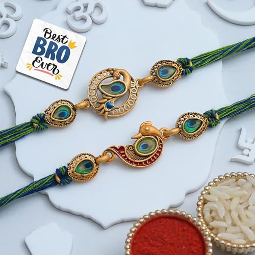 Image of eCraftIndia Beautiful Peacock Feather Designer Rakhi Set of 2 | Rakhi for Brother Bhaiya Bhai with Best Bro Ever Fridge Magnet | Roli Chawal Pack