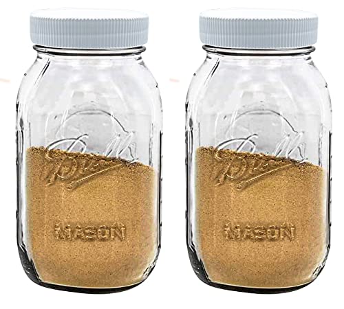 Regular Mouth Mason Jars 32 Oz - (2 Pack) - Ball Regular Mouth 32-Ounces Quart Mason Jars With White M.e.m Food Storage Plastic Lids, Caps Fit Ball And Kerr Regular Mouth - For Storage, Freezing, Leak Proof, Microwave & Diswasher Safe #TOP1
