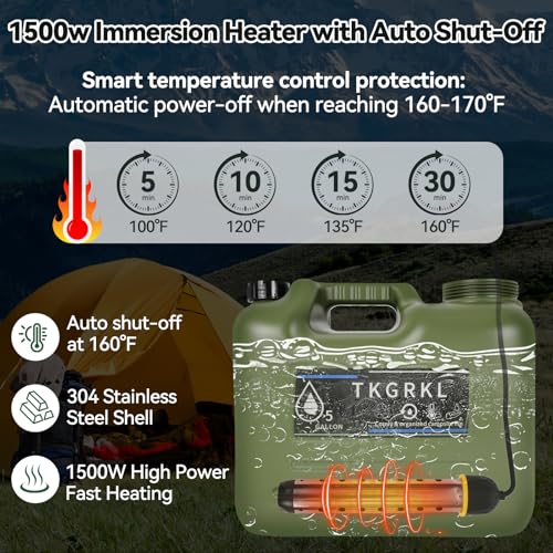 Ducha portátil para camping con calentador y bidón de agua de 5 galones, ducha portátil recargable de 6000mAh con calentador de inmersión de 1500W y apagado automático, kit con panel solar USB para camping miniatura 2