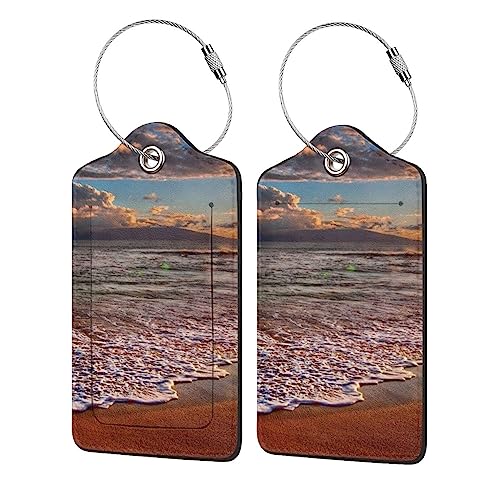 Étiquettes de bagage porte-nom valise similicuir Motif plage Sunrise Blanc Lot de 4