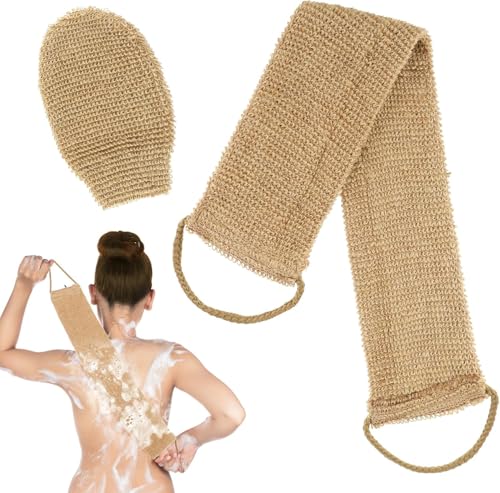 Banda exfoliante para la espalda y guante, correa de toalla de baño de cáñamo natural con manopla, cepillo de limpieza profunda duradero para lavado corporal con asa, eliminación de piel muerta para