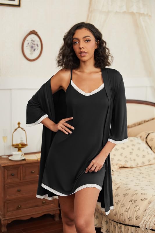 Ekouaer Women's Nightgown and Robe Set 3/4 Sleeves Robes 2 Piece Bathrobe Set V-neck Lace Cami Sleepwear with Pockets S-2XL2