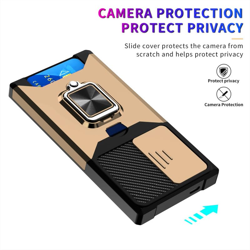 Image of LuxuryKase Shockproof Armor Case for Samsung Galaxy S24 Ultra | Slide Camera Cover | Hidden Card Slot | Rotating Ring Kickstand | Magnetic Car Mount Support | Military Grade Protection - Gold