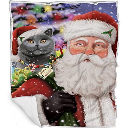 Doggie of the Day British Shorthair Cat Blanket - Christmas Santa Carrying Presents - Super Soft & Warm Pet Theme for Sofa or Bed, Warm Fleece, Sherpa or Woven Material, BLNKT160269 (50x60 Sherpa)