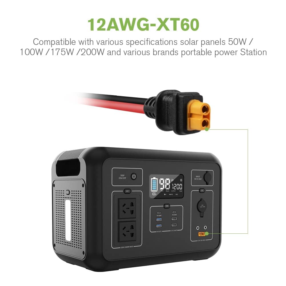 URAQT Złącze słoneczne do adaptera XT60, kabel do ładowania słonecznego 12AWG, złącze słoneczne 60 cm do XT60, wodoodporność IP68, do przenośnej elektrowni i generatora słonecznego
