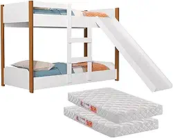 Beliche Infantil 100% MDF Transforma-se em Minicama Acompanha Escorregador Grade de Proteção Escada e 2 Colchões de 1,50m Design Seguro e Funcional para Otimizar Espaços (Branco/Nature)